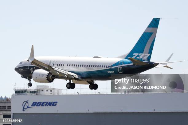 Boeing 737 MAX jet lands following a Federal Aviation Administration test flight at Boeing Field in Seattle, Washington on June 29, 2020. - US...
