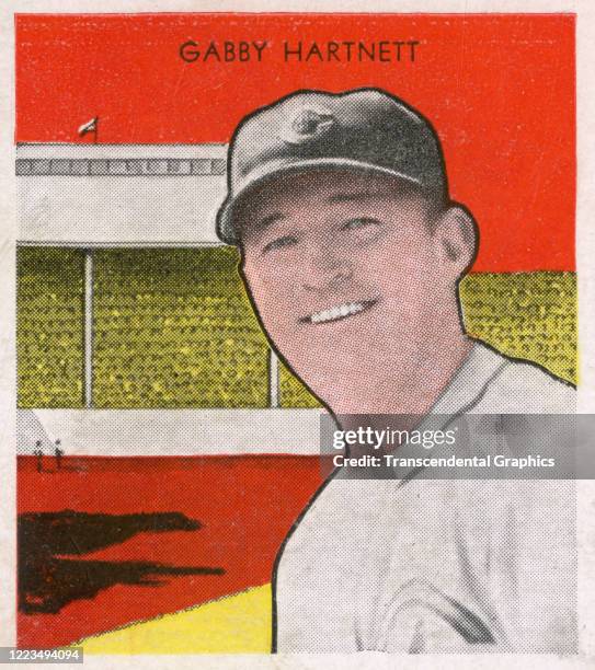 Bubble gum insert card features a colorized photograph of American baseball player Gabby Hartnett , of the Chicago Cubs, 1933.