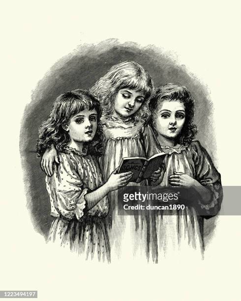 three girls singing hymns and carols, victorian, 19th century - singing stock illustrations