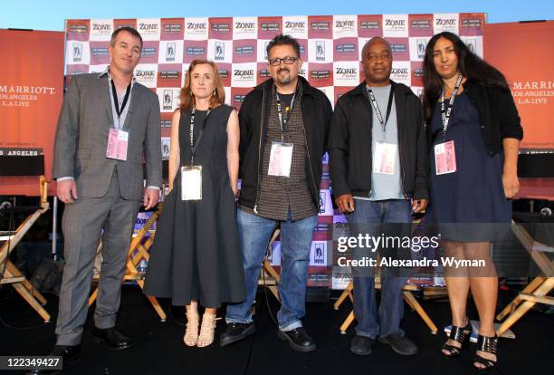 Writer Luke Davies, writer Mona Simpson, cartoonist Lalo Alcaraz, filmmaker Charles Burnett and Laurie Ochoa of Slake Media onstage during the...