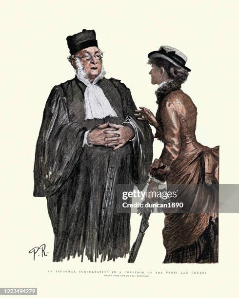 young woman consulting a lawyer, paris, victorian, 19th century - lawyer costume stock illustrations