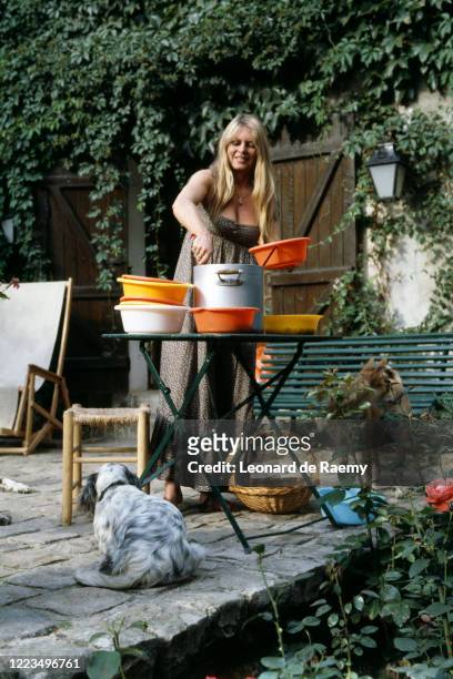 French actress, singer and animal rights activist Brigitte Bardot at her home in Bazoches sur Guyonne, on the set of the TV program Bardot, Telle...