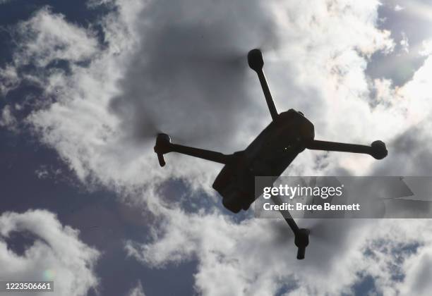 Drone flies in the skies over Bethpage State Park on May 7, 2020 in Bethpage, New York.