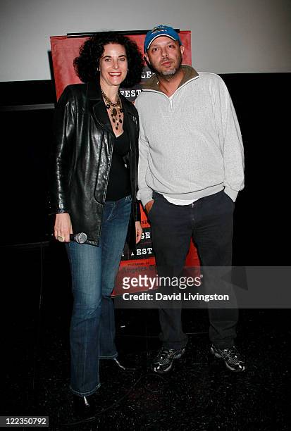 Programmer Hebe Tabachnik and director Jose Padilha speaks onstage during the "Secrets Of The Tribe" Q&A during the 2010 Los Angeles Film Festival at...