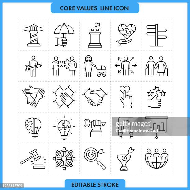 illustrazioni stock, clip art, cartoni animati e icone di tendenza di icona linea valori principali set.tratto modificabile - questioni sociali