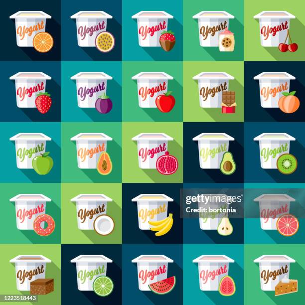yogurt flavors icon set - chocolate packaging stock illustrations
