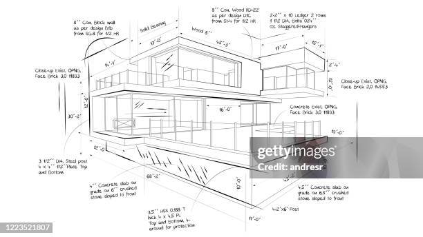 illustration der blaupause eines schönen modernen hauses - sketch stock-fotos und bilder