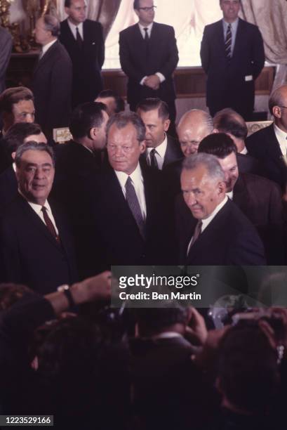 Leonid Brezhnev, Willy Brandt, and Aleksei Kosygin at the signing of the Treaty of Moscow, August 12, 1970.