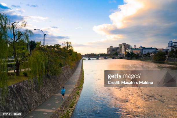 autumn morning view of kamo river, kyoto city - kamo river stock pictures, royalty-free photos & images