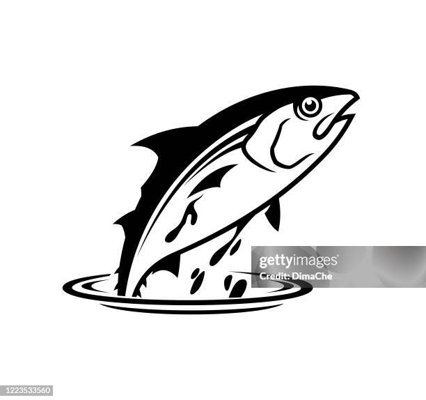 tuna fish jumping out of the water - cut out vector icon - fish market stock illustrations