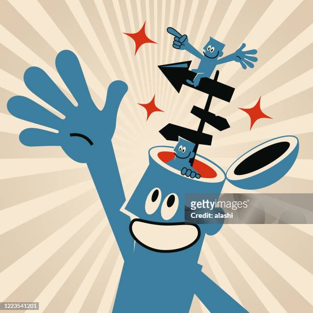 businessman with open head and directional sign. small blue men coming out of the giant man’s head. life planning, career planning, vision, short-term goals and long-term goals - open mind stock illustrations