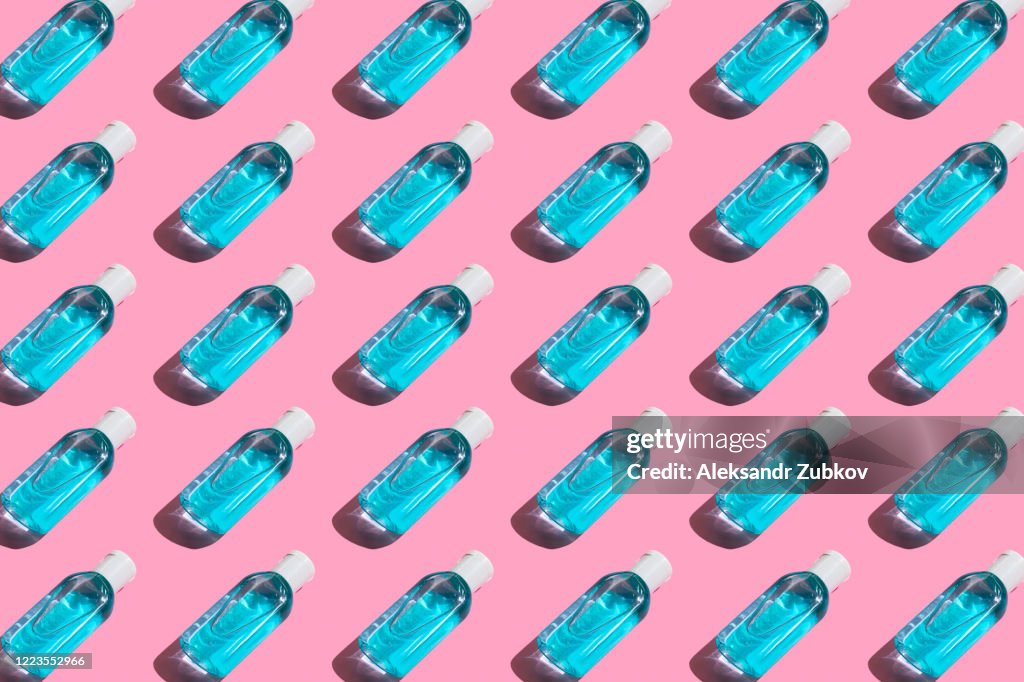 Pattern Of Antibacterial And Hand Sanitizer On A Pink Background.