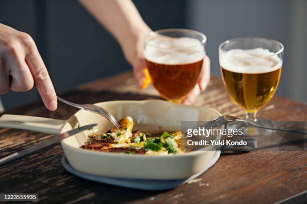 bacon, fried eggs and beer. - beer and food stock pictures, royalty-free photos & images