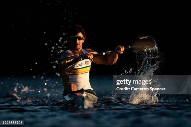 Australian Kayaker Murray Stewart trains in isolation at Narrabeen lake on May 08, 2020 in Sydney, Australia. Athletes across the country are now...