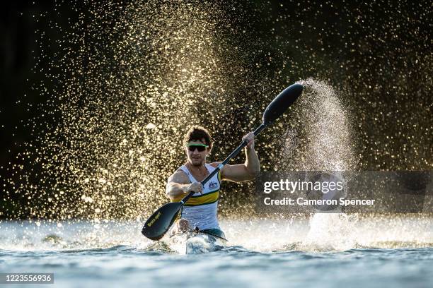 Australian Kayaker Murray Stewart trains in isolation at Narrabeen lake on May 08, 2020 in Sydney, Australia. Athletes across the country are now...