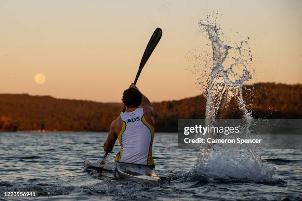 Australian Kayaker Murray Stewart trains in isolation at Narrabeen lake on May 08, 2020 in Sydney, Australia. Athletes across the country are now...
