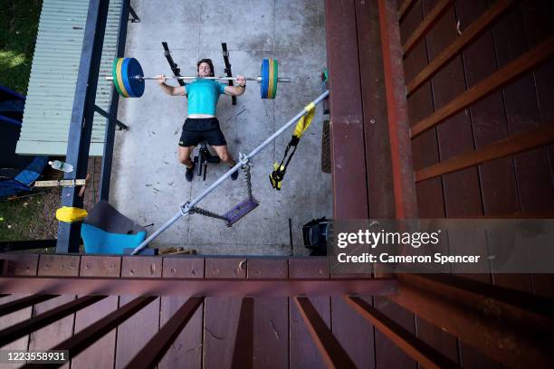 Australian Kayaker Murray Stewart trains in isolation in his temporary backyard gym at his in laws home on May 08, 2020 in Sydney, Australia....