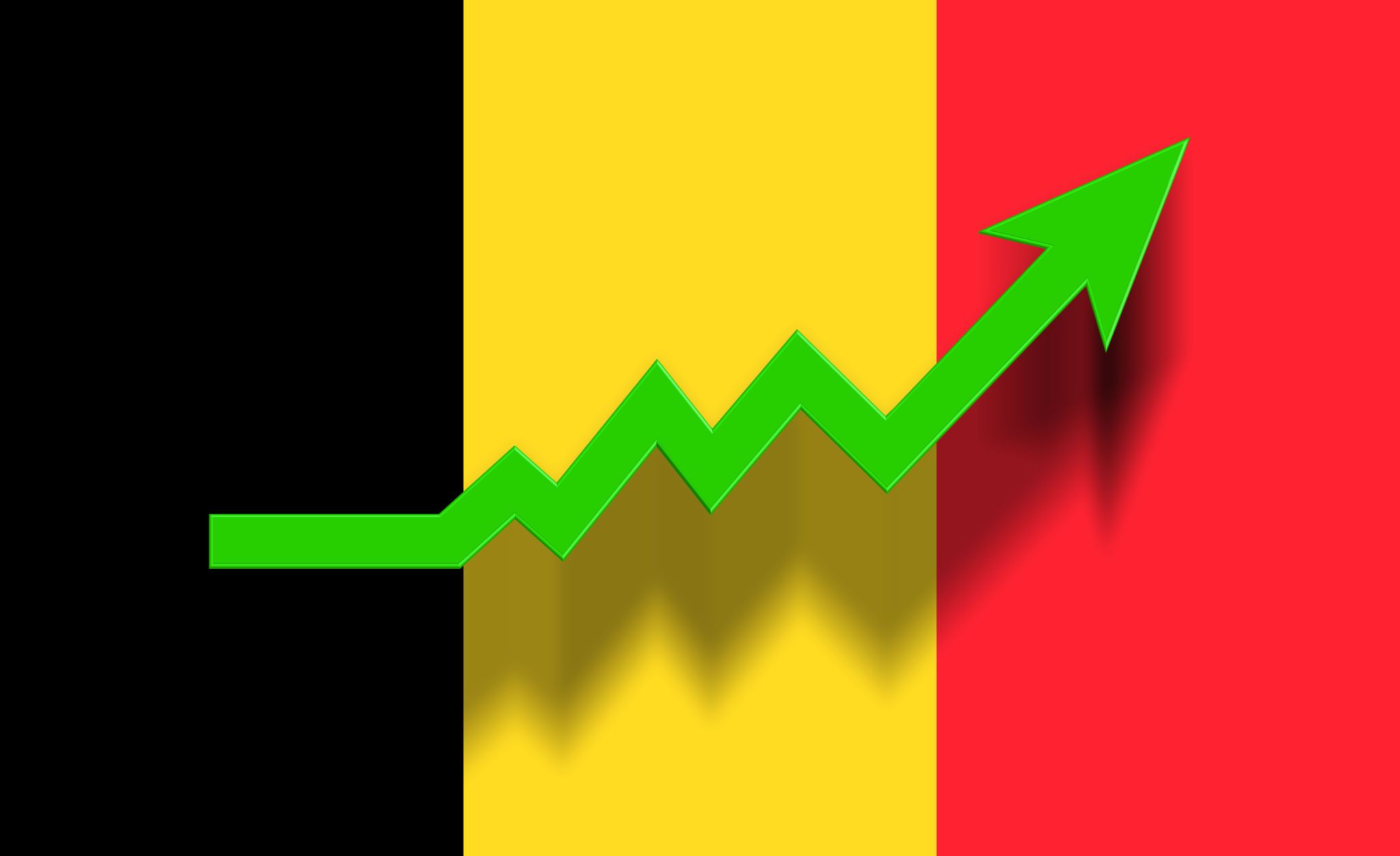 Green success graphic arrow moving up on Belgium flag. Green success graphic arrow moving up on Belgium flag.