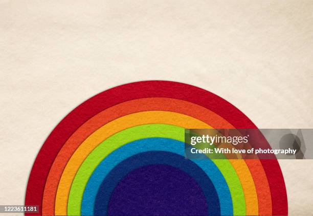 felt nature rainbow handmade concept background, lgbtqi rainbow copy space - felt textile stock-fotos und bilder