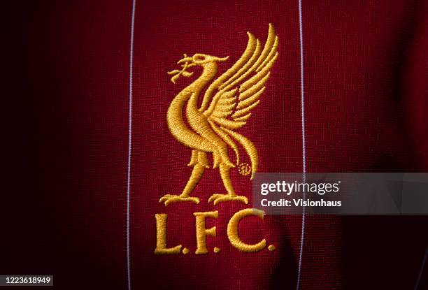 The Liverpool club crest on the first team home shirt displayed on May 5, 2020 in Manchester, England
