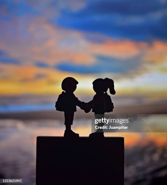 siluetas de una joven pareja al contraluz de un atardecer - siluetas stockfoto's en -beelden