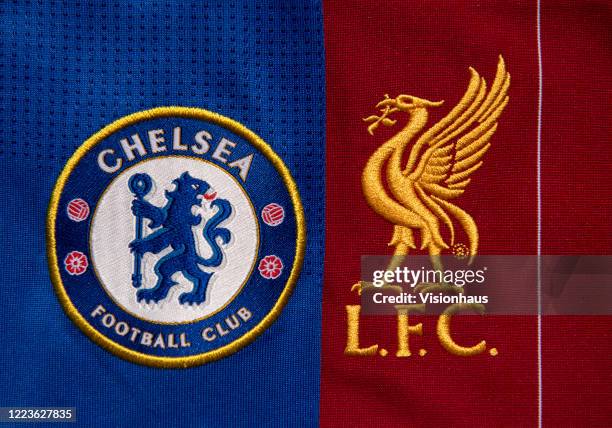 The Chelsea and Liverpool club crests on their first team home shirts on May 4, 2020 in Manchester, England