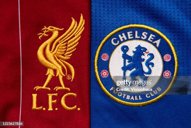 The Liverpool and Chelsea club crests on their first team home shirts on May 4, 2020 in Manchester, England