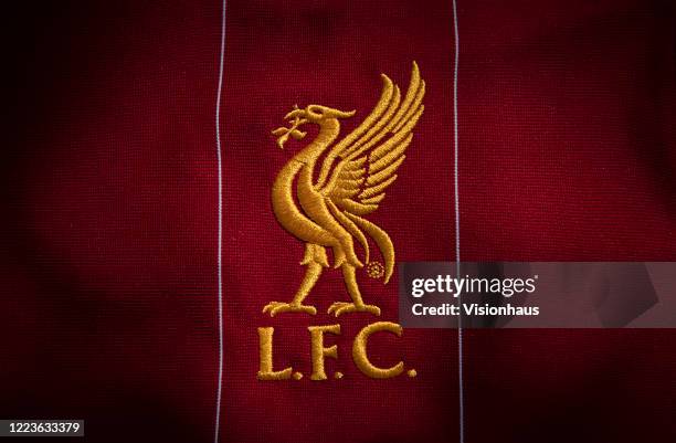 The Liverpool club crest on the first team home shirt displayed on May 6, 2020 in Manchester, England