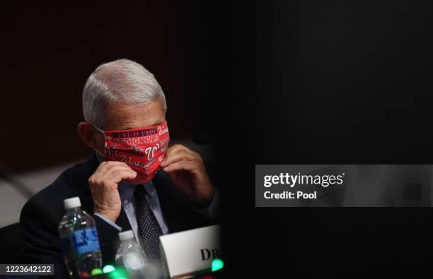 Dr. Anthony Fauci, director of the National Institute for Allergy and Infectious Diseases, adjusts his face mask as he prepares to testify at a...