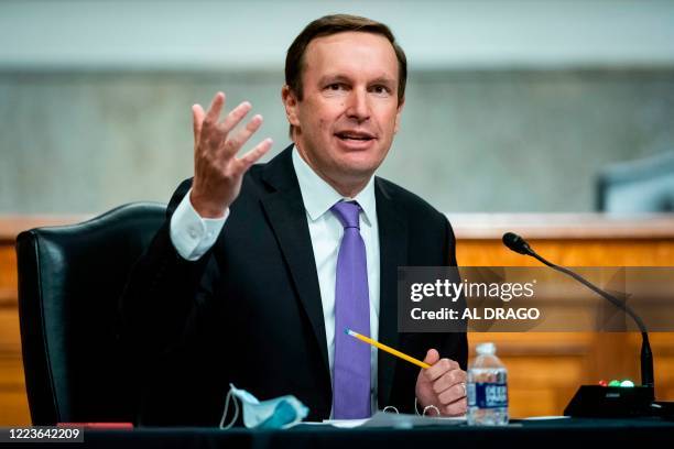 Senator Chris Murphy, a Democrat from Connecticut, speaks during a Senate Health, Education, Labor and Pensions Committee hearing in Washington, DC,...