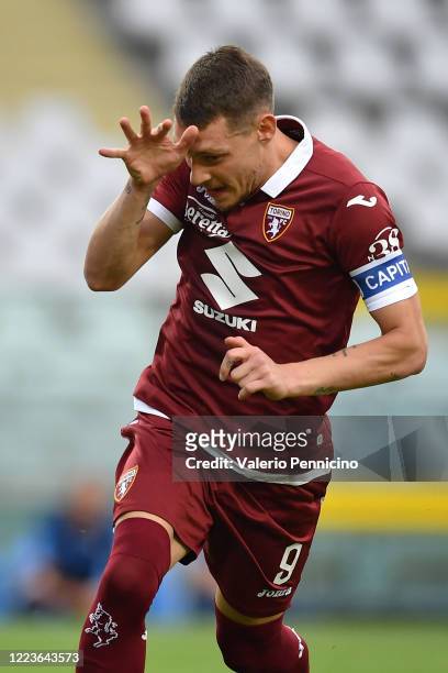 Andrea Belotti of Torino FC celebrates after scored his goal from the penalty spot during the Serie A match between Torino FC and SS Lazio at Stadio...
