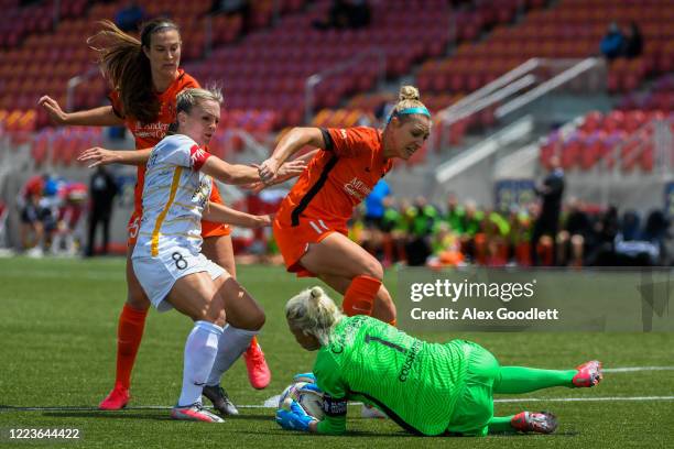 Jane Campbell of Houston Dash dives under Amy Rodriguez of Utah Royals FC for a stop during a game in the first round of the NWSL Challenge Cup at...