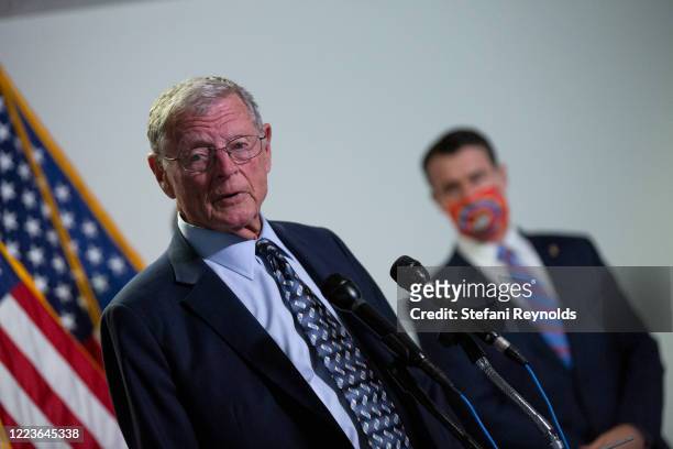 Sen. Jim Inhofe speaks during a press conference following the weekly Senate Republican policy luncheon in the Hart Senate Office Building on June...