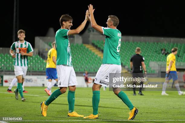 Thorsten Mahrer of Mattersburg and Alois Hoeller of Mattersburg celebrate a goal during the tipico Bundesliga match between SV Mattersburg and WSG...