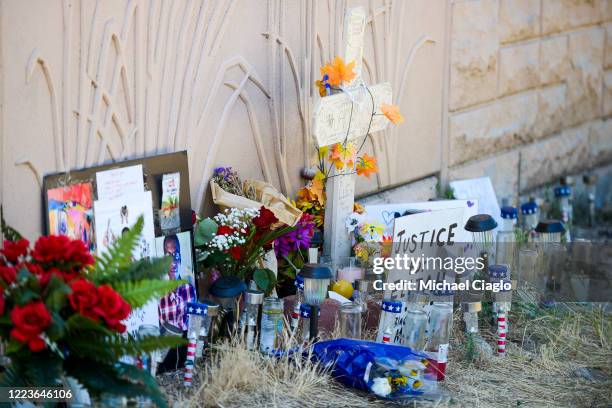 Memorial near where Elijah McClain was forcibly restrained by Aurora police officers on Billings Street is shown on June 30, 2020 in Aurora,...