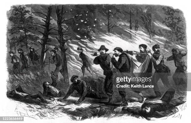 ilustrações, clipart, desenhos animados e ícones de soldados feridos escapando de incêndios - 1864