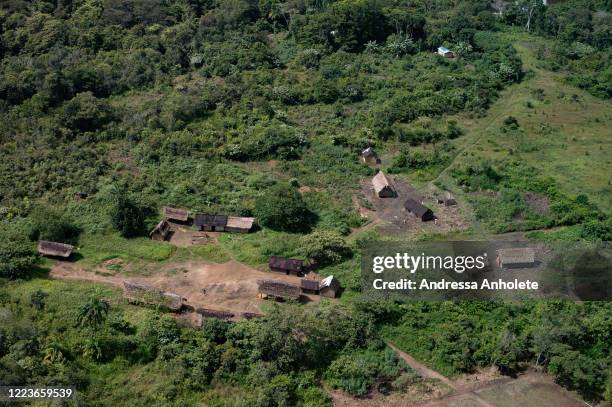 Aerial view from an helicopter of a Yanomami house near 5º Special Border Platoon amidst the coronavirus pandemic at the Auaris on June 30, 2020 in...