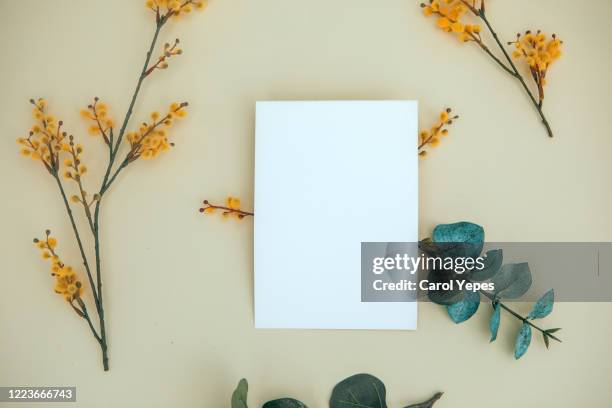 feminine wedding desktop mock-up with blank paper card and yellow flowers - wedding card stock-fotos und bilder