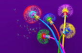 Bouquet of five flowers of blossoming dandelions of unusual colorful colors. Bright multi-colored abstract dandelions on a purple background. Creative conceptual illustration. opy space. 3D render