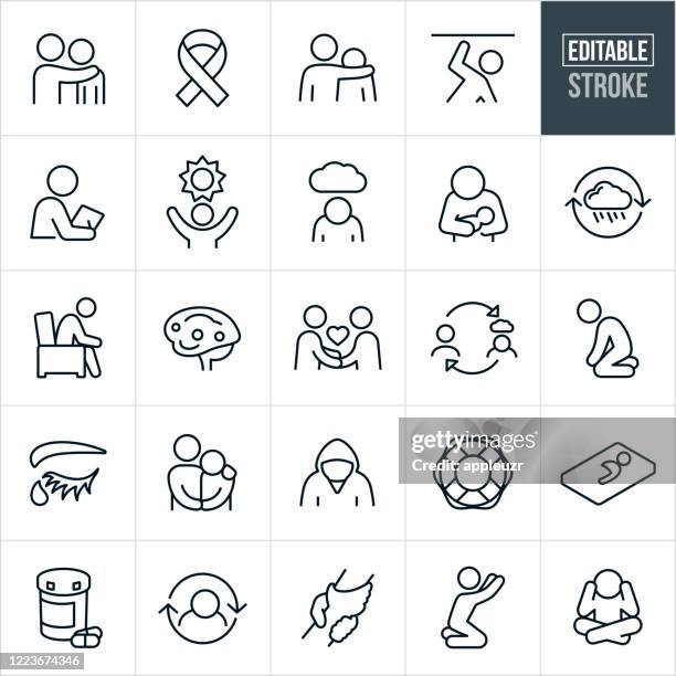 ilustraciones, imágenes clip art, dibujos animados e iconos de stock de iconos de línea fina de la enfermedad mental - trazo editable - anxiety