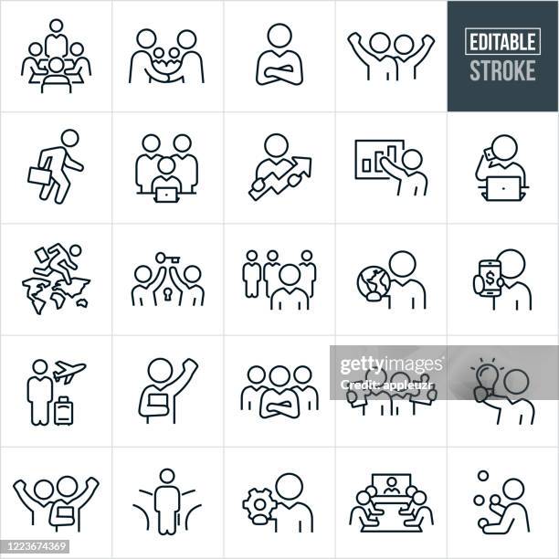 ilustraciones, imágenes clip art, dibujos animados e iconos de stock de iconos de línea fina de business people - trazo editable - brazos cruzados