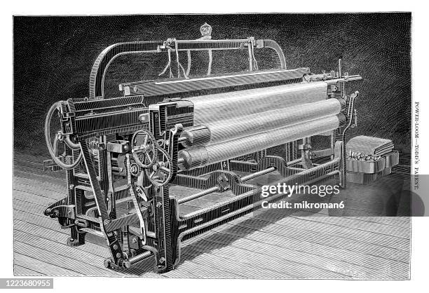 old engraved illustration - loom weaving machine - textile printing stock pictures, royalty-free photos & images