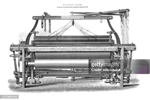 old engraved illustration - loom weaving machine - loom stock pictures, royalty-free photos & images