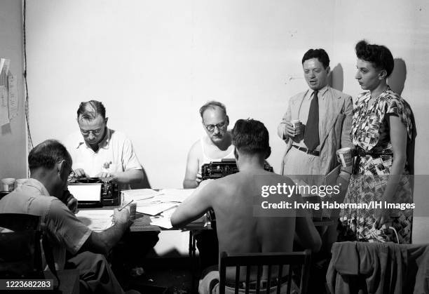 Russian-born American journalist and educator known for his controversial syndicated column Max Lerner stands in the corner of the media room during...