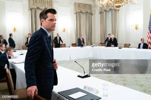Rep. Matt Gaetz arrives for a meeting with U.S. President Donald Trump and fellow Congressional Republicans in the State Dining Room at the White...