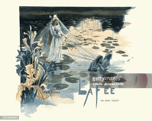 queen of the fairies, pulled by water nymphs, fairy tale - the fairy queen stock illustrations