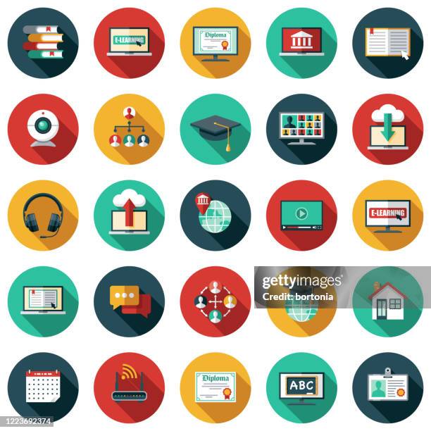 stockillustraties, clipart, cartoons en iconen met pictogramset voor e-learning - e book