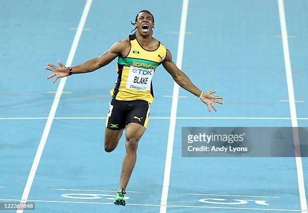 Yohan Blake of Jamaica celebrates winning the men's 100 metres final during day two of the 13th IAAF World Athletics Championships at the Daegu...