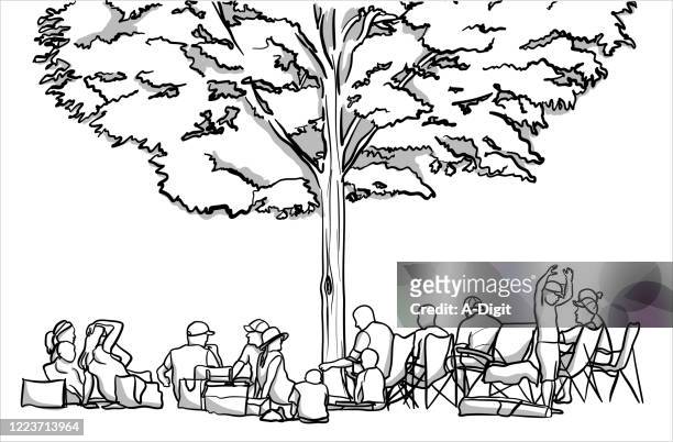 family picnic in the shade - family park stock illustrations