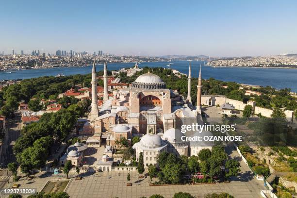 This aerial picture taken on June 28, 2020 in Istanbul shows Hagia Sophia museum in Istanbul. - Turkey's top court is due on July 2, 2020 to deliver...